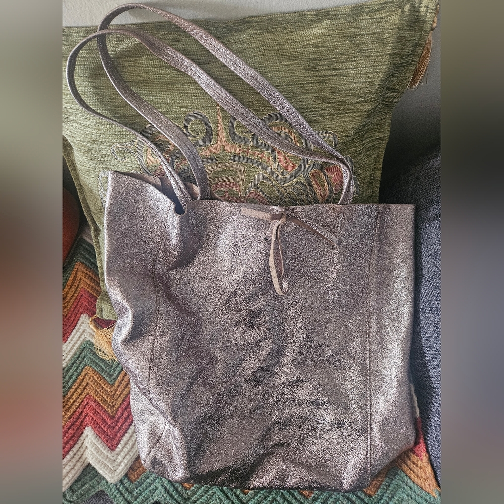 Vintage Borse in Pelle Gold Metallic Genuine Leather Tote Bag Carry All Oversize